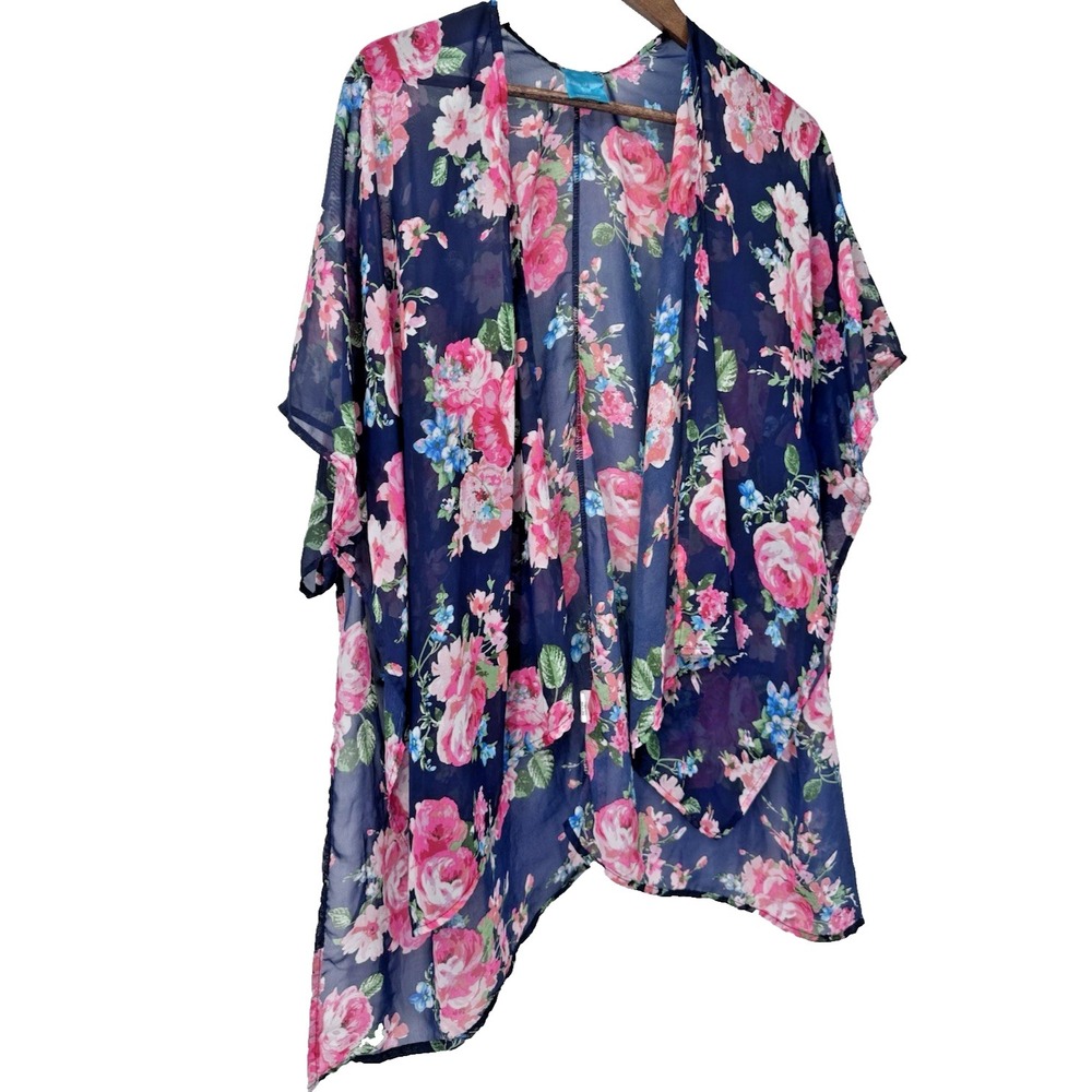 Blue‎ Floral Print Kimono Cover up S fairy beachy sheer tropical vacation resort